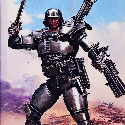 Image similar to schwarzenegger in armored suit and weapons, art by bruce pennington