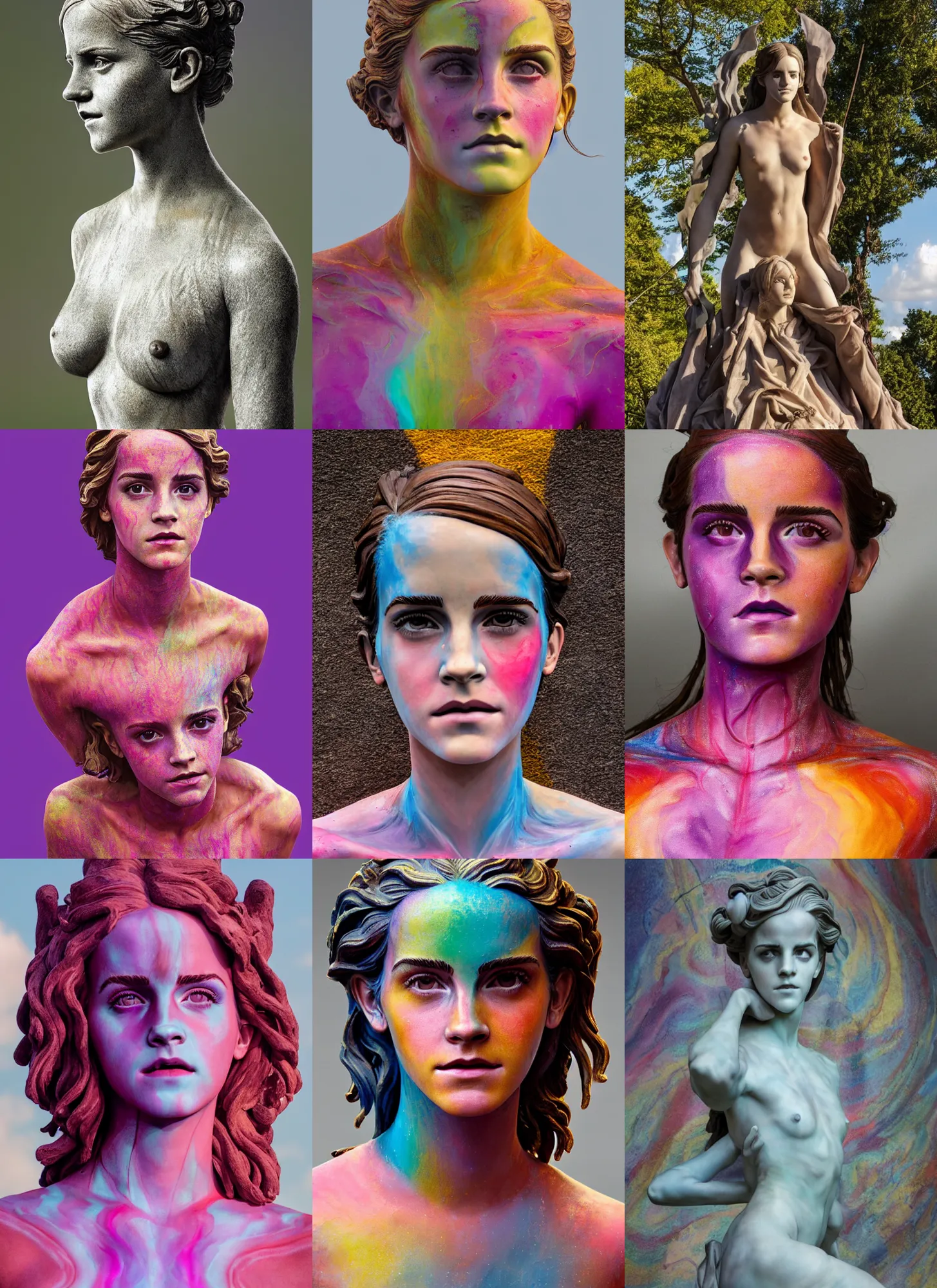 Prompt: statue of Emma Watson by Jean-Baptiste Carpeaux and Luo Li Rong and Michael James Talbot, all body, standing athletic pose, perfect symmetrical face, psychedelic colors, bodypaint, acrylic paint splashes, in full growth, elegant, realistic, 8K, female full-skin figure, hyperrealism, subsurface scattering, raytracing, rim light, Octane Render, Redshift, Zbrush