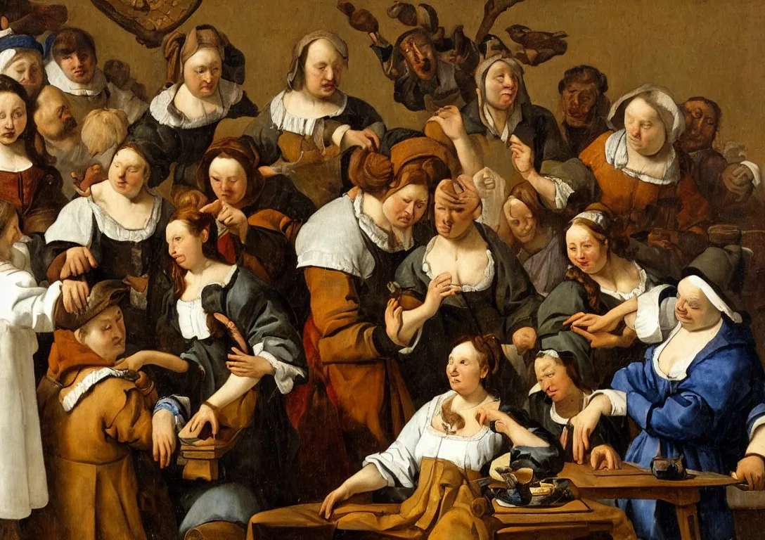 Image similar to Jan Steen. Magnificent woman in the center staring at us.