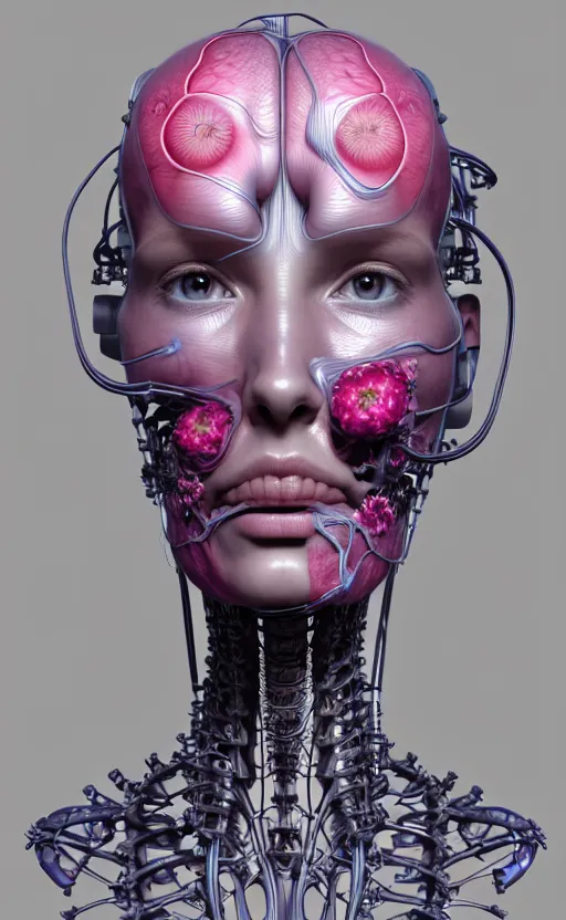 Prompt: 3D render of a beautiful profile face portrait of a female cyborg, 150 mm, flowers, Mandelbrot fractal, anatomical, flesh, facial muscles, wires, microchip, veins, arteries, full frame, elegant, highly detailed, flesh ornate, elegant, high fashion, rim light, octane render in the style of H.R. Giger