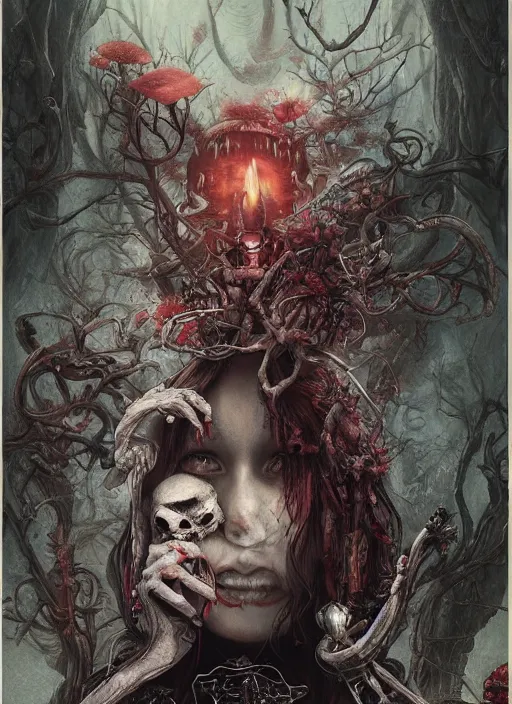 Image similar to alice in wonderland death tarot card, highly detailed, half skull face, cinematic, 8 k, by stanley artgermm, tom bagshaw, greg rutkowski, carne griffiths, ayami kojima, beksinski, giger, trending on deviantart, hyper detailed, horror, full of colour