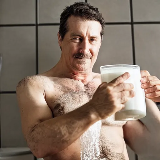 Image similar to handsome middle aged man bathing in milk