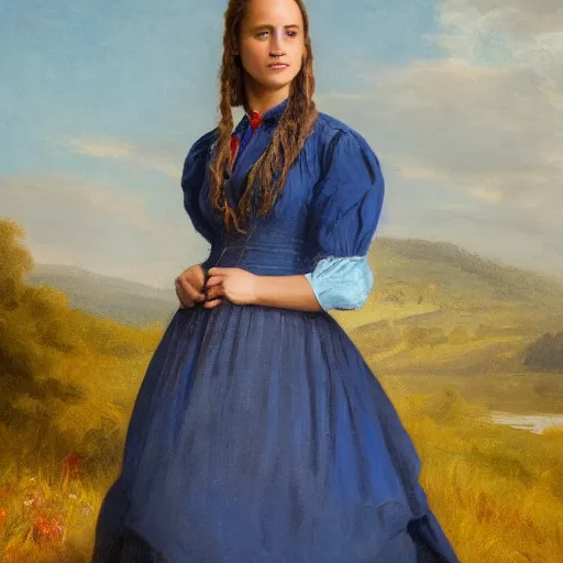 Image similar to portrait of Alicia Vikander wearing blue shirt and red 1850 dress, in the style of the Hudson River School