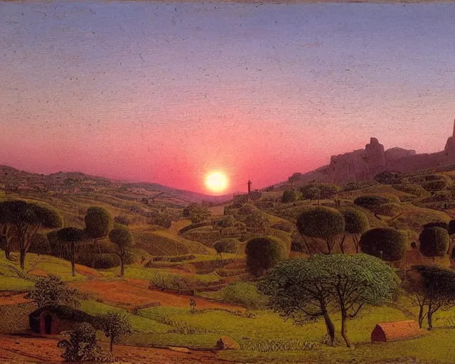 Prompt: spring, sunrise, view over a village in the countryside of Morocco, by Caspar David Friedrich