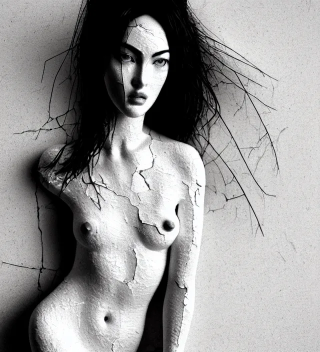 Prompt: photography facial portrait of real white ceramic japanese porcelain sculpture of a woman looking like megan fox delicate partially cracked broken, nacred white, natural background, natural pose, back lighting, translucent, thin porcelain, porcelain cracks and peeled painted, translucent, subscattering, highly detailed,, photography by paolo roversi, nick knight, helmut newton, avedon, araki