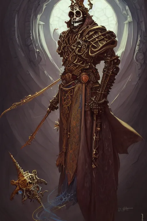 Prompt: archmage skeleton with a medival armour and antique silk robes inspired by peter mohrbacher, D&D, face, fantasy, intricate, elegant, highly detailed, digital painting, artstation, concept art, smooth, sharp focus, illustration, art by artgerm and greg rutkowski and alphonse mucha