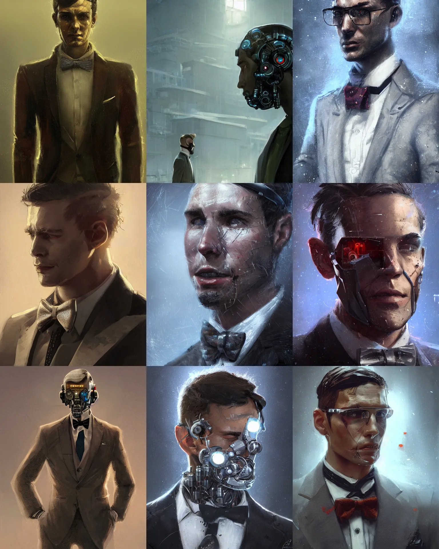 Image similar to a rugged young engineer man with cybernetic enhancements wearing a suit and bowtie, detailed face, scifi character portrait by greg rutkowski, esuthio, craig mullins, 1 / 4 headshot, cinematic lighting, dystopian scifi gear, gloomy, profile picture, mechanical, half robot, implants, steampunk