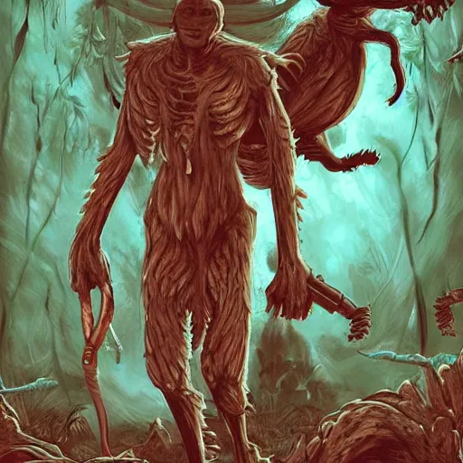 Image similar to sci - fi, hunters of monsters walking in a meat and bone forest, art by oscar chichoni