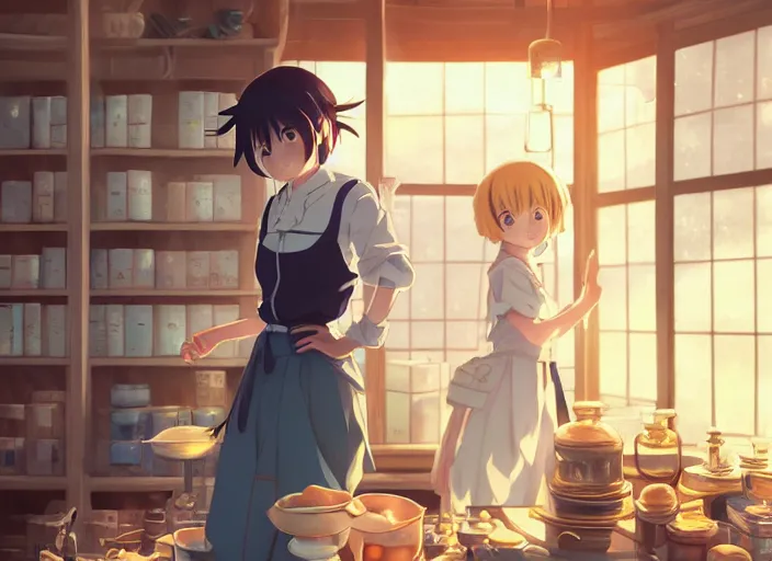 Image similar to anime visual, portrait of a young female traveler in a alchemist's shop interior, cute face by yoh yoshinari, katsura masakazu, studio lighting, dynamic pose, dynamic perspective, strong silhouette, anime cels, ilya kuvshinov, cel shaded, crisp and sharp, rounded eyes, moody, blue colors!!!!!!