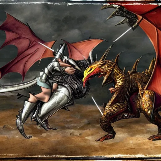 Image similar to an epic battle between a knight and a dragon