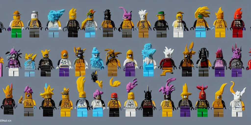 Image similar to small creatures called critters, made out of only 5 lego bricks. cute looking, kawaii, sharp focus, moebius, character sheet, game concept art, brush work