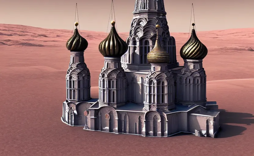 Prompt: a picture in colour high contrast by vasily vereshchagin of futuristic st. basil's cathedral on mars, cinema 4 d, visual art, 8 k resolution, 3 d modelling, studio lighting, masterpiece, vray