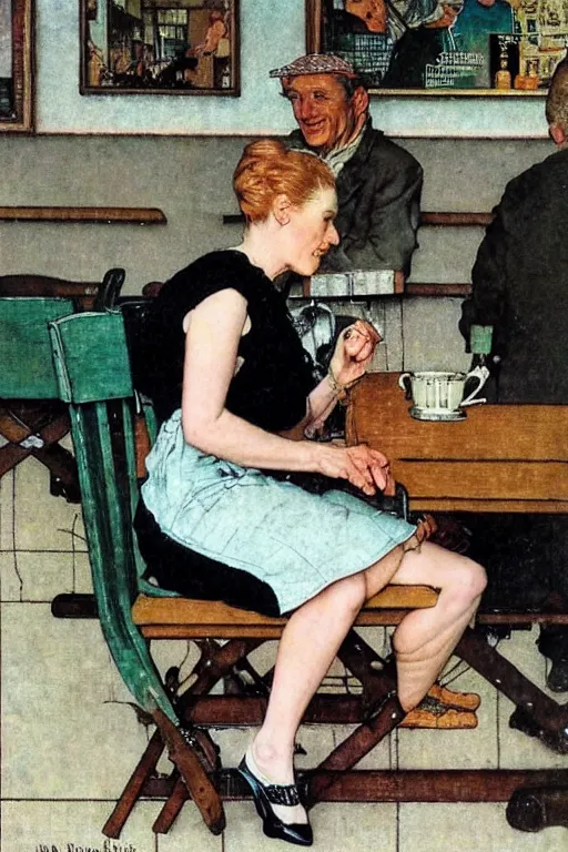 Image similar to a lazy!! woman! in her 3 0 s in a cafe!!! sitting on a bench!! by norman rockwell!!!