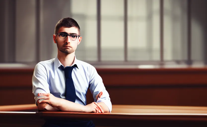 Prompt: portrait a beautiful a man in a skirt in a courtroom, no blur, 4 k resolution, ultra detailed