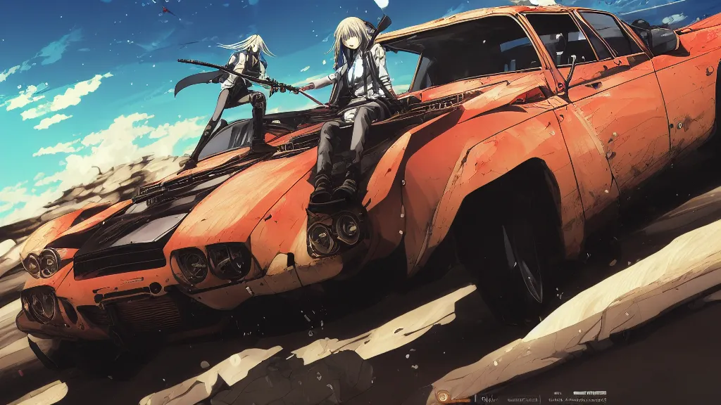 Image similar to anime illustration of mad max's fj 4 0 pursuit special, the last v 8 interceptor driving down to the gates of valhalla highway, riding fury road eternal shiny and chrome, world of fire and blood, by makoto shinkai, ilya kuvshinov, lois van baarle, rossdraws, basquiat, global illumination ray tracing hdr