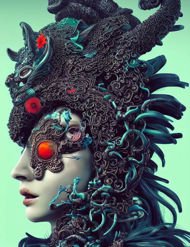 Image similar to 3 d goddess of hell close - up profile portrait with ram skull. beautiful intricately detailed japanese crow kitsune mask and clasical japanese kimono. betta fish, jellyfish phoenix, bio luminescent, plasma, ice, water, wind, creature, artwork by tooth wu and wlop and beeple and greg rutkowski