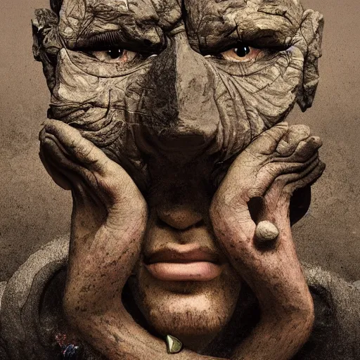 Image similar to Portrait of a man with a face of falling rocks. Claymation. intricate abstract. intricate artwork. nightmare fuel. by Dave McKean. octane render, trending on artstation, greg rutkowski very coherent symmetrical artwork. cinematic, hyper realism, high detail, octane render, 8k, iridescent accents