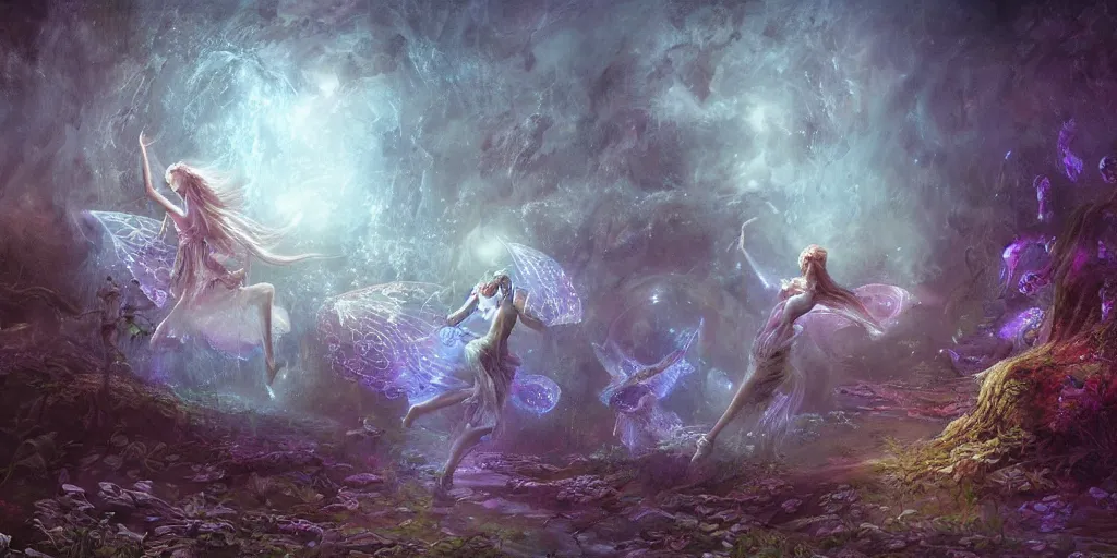 Prompt: concept art of translucent glowing fairies dancing, lovecraftian, renaissance, melting, round moon, rich clouds, fighting the horrors of the unknown, moon rocksvery detailed, volumetric light, mist, fine art, decaying, textured oil over canvas, epic fantasy art, very colorful, ornate intricate scales