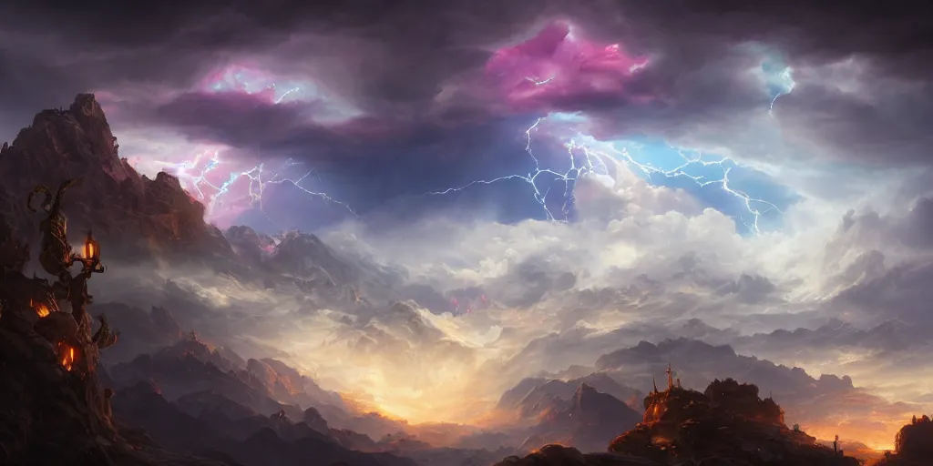 Prompt: photo of 8k ultra realistic mount Olympus, swirling clouds and dramatic lighting, lightning, full of colour, cinematic lighting, battered, trending on artstation, 4k, hyperrealistic, focused, extreme details,unreal engine 5, cinematic, masterpiece, art by Peter Mohrbacher