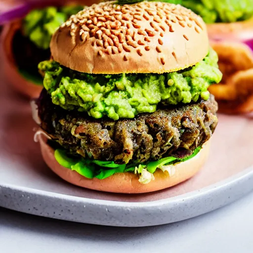 Image similar to juicy vegan hamburger topped with guacamole, fried onion and a fried egg, crispy buns, 8 k resolution, professional food photography, studio lighting, sharp focus, hyper - detailed