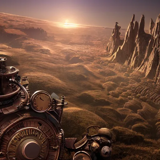 Prompt: Landscape imagery of a steampunk planet, a viewpoint from the surface of the planet, 8k realism, photorealistic imagery