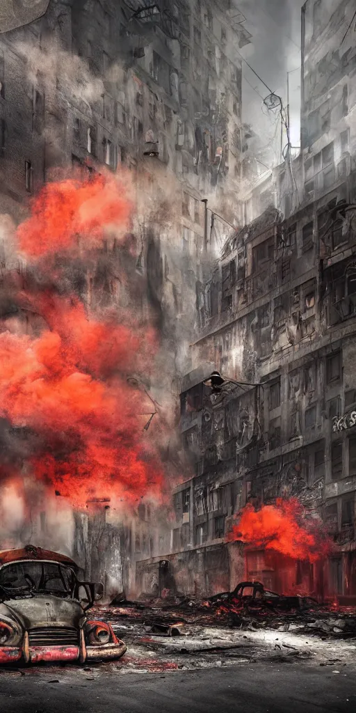 Image similar to post - apocalyptic kreuzberg streets, burned cars, explosions, colorful smoke, hyperrealistic, gritty, damaged, dark, urban photography, photorealistic, high details