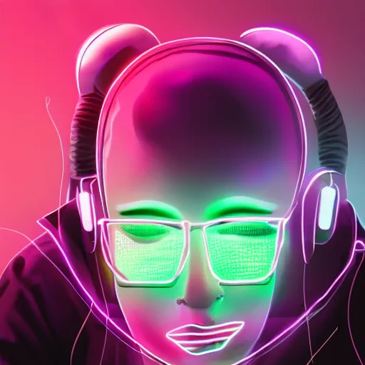 Image similar to close up portrait of cyber hacker plugged into computer, neon lights, pixel art