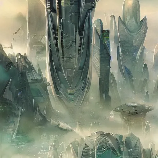 Prompt: Beautiful futuristic sci-fi city in harmony with nature. Nice colour scheme, soft warm colour. Beautiful detailed watercolor by Lurid. (2022)