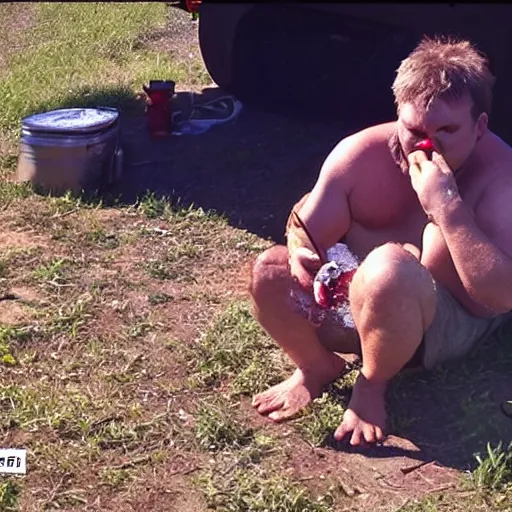 Prompt: your drunk uncle eating a banana, trailcam footage