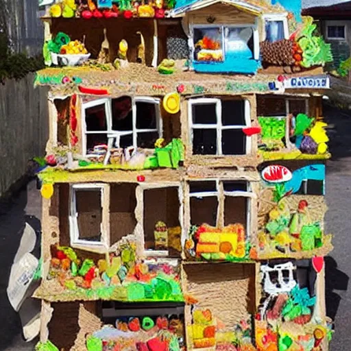 Image similar to photo of a house with kids made out of food leftovers. Highly detailed. Art by Gordon Ramsey