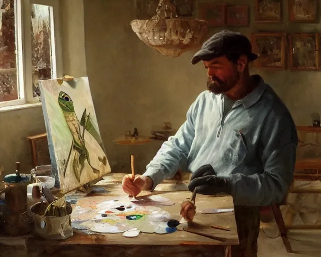 Prompt: a painter in his studio painting a picture of a pepe the frog - key lighting, soft lights, foggy, by steve hanks, by lisa yuskavage, by serov valentin, by tarkovsky, 8 k render, detailed, oil on canvas