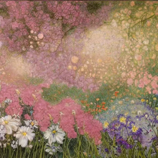 Image similar to This painting is a large canvas, covered in a wash of color. In the center is a cluster of flowers, their petals curling and twisting in on themselves. The effect is ethereal and dreamlike, and the overall effect is one of serenity and peace. caput mortuum, chalk art by W. Heath Robinson, by Albert Bierstadt, by Abbott Fuller Graves AWESOME, detailed