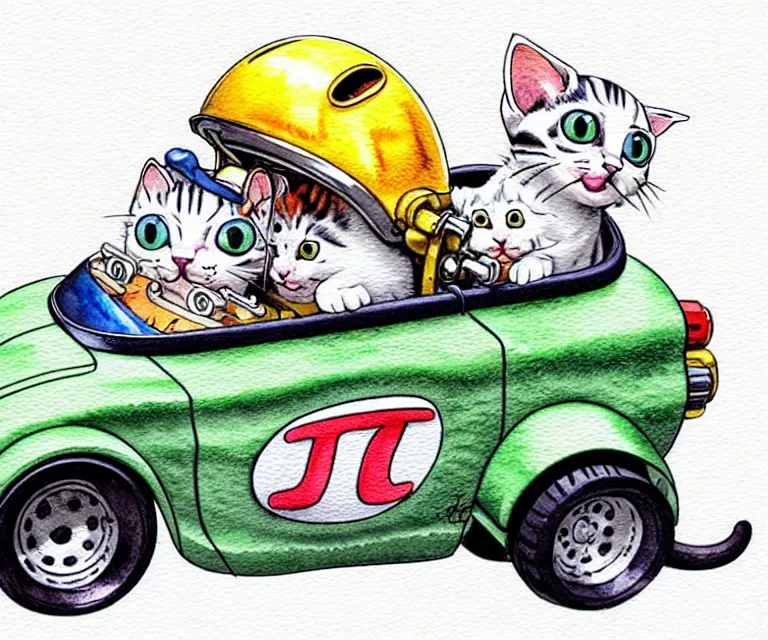 Image similar to cute and funny, kitten wearing a helmet riding in a tiny hot rod with oversized engine, ratfink style by ed roth, centered award winning watercolor pen illustration, isometric illustration by chihiro iwasaki, edited by range murata, tiny details by artgerm and watercolor girl, symmetrically isometrically centered