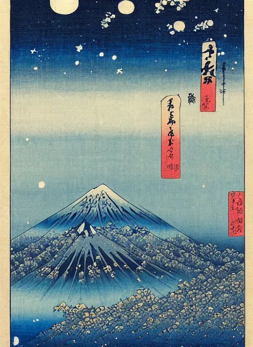 Image similar to blue roses on a mountain melting into the sky with stars of utagawa hiroshige