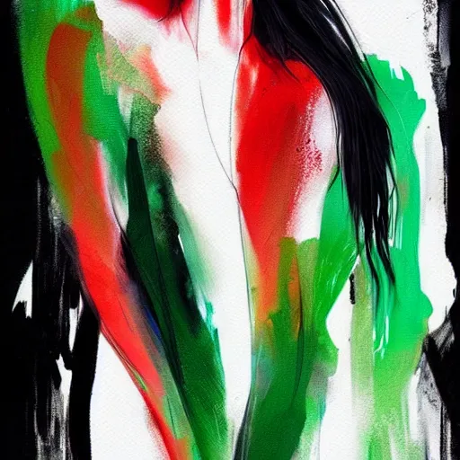 Image similar to closeup, very few thick long paint brush strokes, abstract depiction of the physique of one!!! very thin black suit man with green long straight hair posing dramatically, closeup, matte colors, conrad roset, dark abstract background, abstract painting trending on artstation