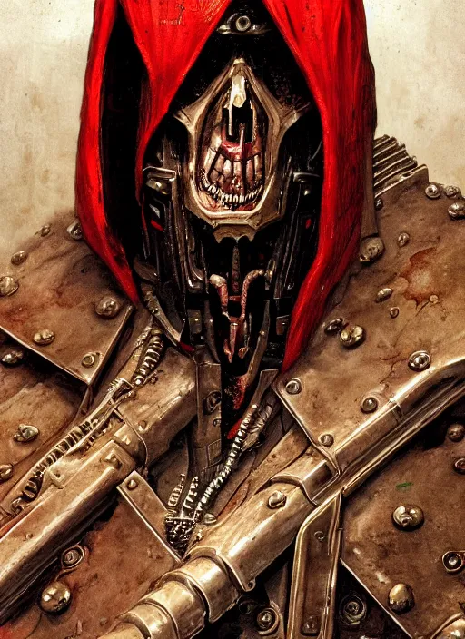 Image similar to portrait of rotten Nicolas Cage as adeptus mechanicus in red hood and robe from Warhammer 40000. Highly detailed, artstation, illustration by and John Blanche and zdislav beksinski and wayne barlowe