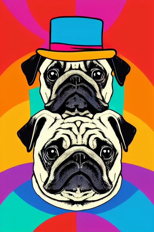 Image similar to A portrait of a pug with a top hat, sticker, colorful, illustration, highly detailed, smooth and clean vector curves, no jagged lines, vector art, smooth