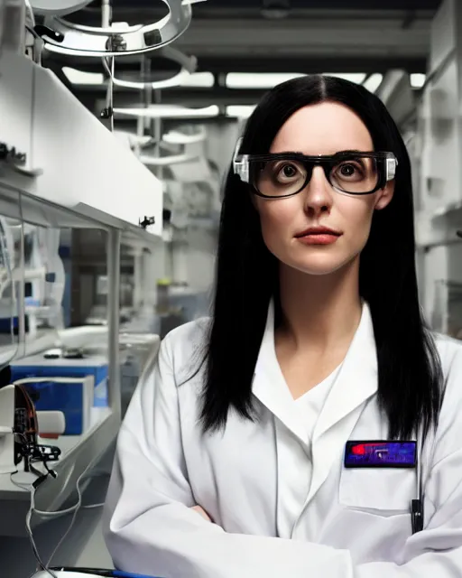 Prompt: portrait of a woman in a nanotech lab with black hair wearing a cozy labcoat wearing nerdy glasses, marcin blaszczak, michael whelan, artgerm, artstation