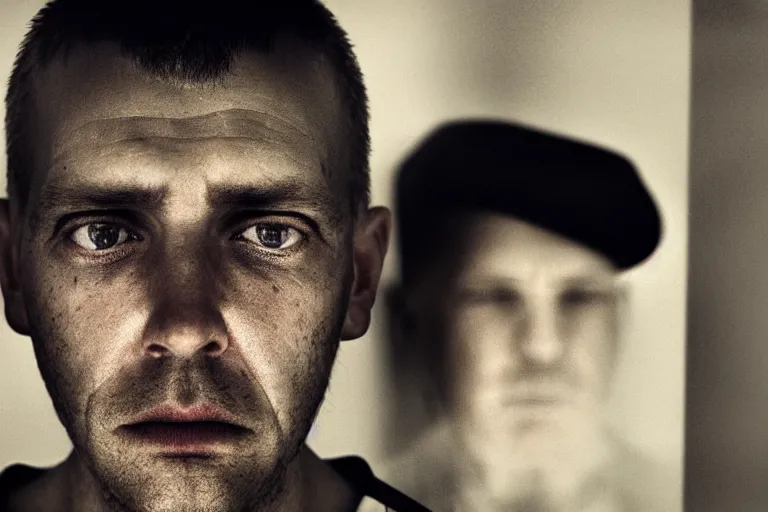 Prompt: an ultra realistic, cinematic headshot portrait of a prison guard, sat in an office, deep focus, dreamy, dramatic lighting, by hendrik kerstens and paolo roversi