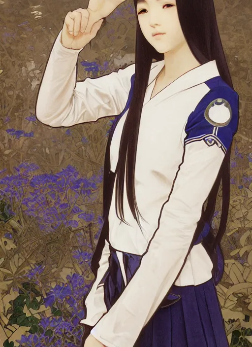Prompt: Italian Japanese mixed race teen female wearing a navy and white Japanese school uniform, captivating, seductive look, posing in Waikiki, sigma female, portrait art by alphonse mucha and greg rutkowski, highly detailed, digital painting, concept art, illustration, dim lighting with twilight rays of sunlight, trending on artstation, very detailed, smooth, sharp focus, octane render, close up