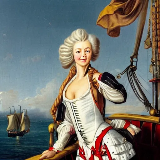 Prompt: a fierce, smiling, beautiful, friendly, calm, blonde, well - dressed, steampunk, covered, armed, pirate captain, standing on the deck of her ship gazing at the horizon in 1 7 3 0, detailed.