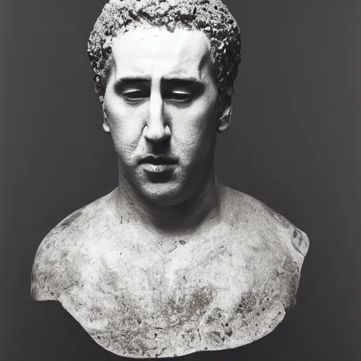 Image similar to Award-winning photograph by Chema Madoz. The photo depicts a decaying roman bust of Nicolas Cage at the bottom of the sea. Minimalism, high definition, perfect composition. Deep sea picture. Very dark. Volumetric Lighting. Fish. Darkness. Ruins