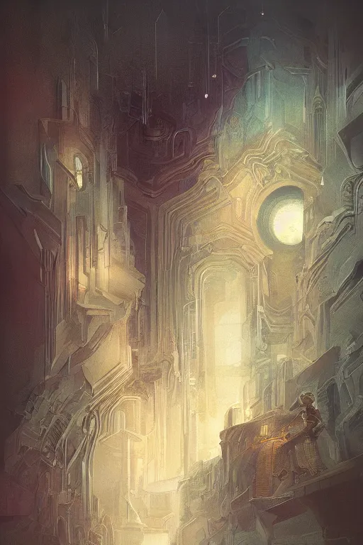 Prompt: intricate, amazing, modernism, retro vintage and romanticism, painting by natelle quek or ramon gutierrez, soft color palette, stability, cinematic, highly detailed, space sci - fi of ancient religion