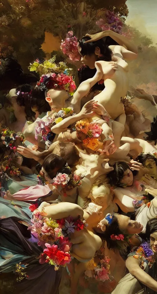 Prompt: top angle view, wide lens of multiple interracial females draped in rotten colorful flowery dress, dancing with each other, epic composition, beautiful concept painting by caravaggio, digital illustration ruan jia, greg rutkowski