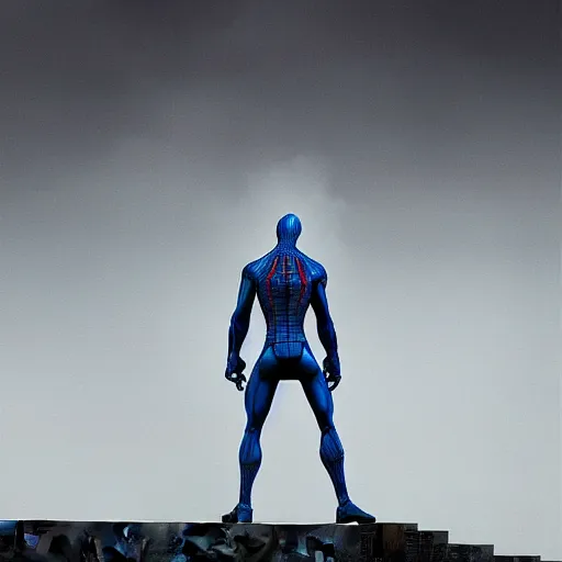 Image similar to moody atmospheric portrait render of an metal blue spiderman by greg rutkowski and marc silvestri made with unreal engine