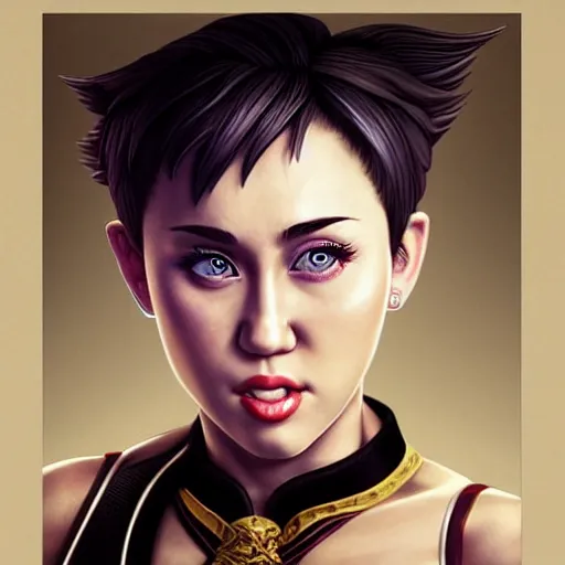 Prompt: miley cyrus as chun li from street fighter, high kick 4 k, ultra realistic, detailed focused art by artgerm and greg rutkowski and alphonse mucha