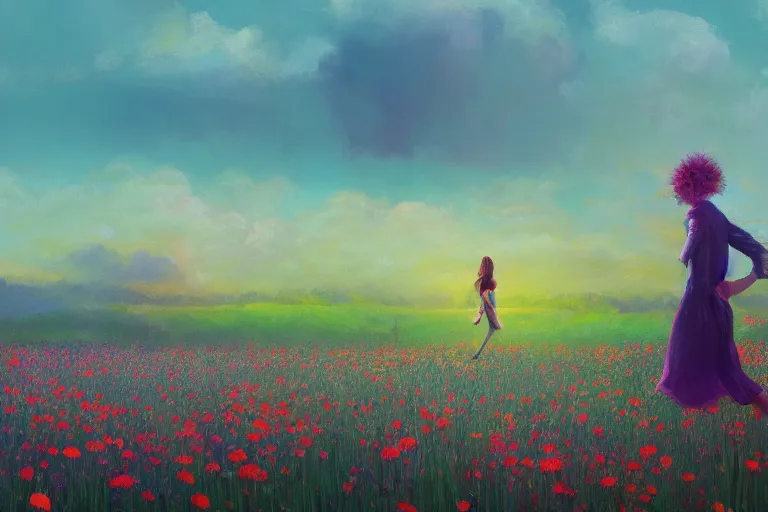 Image similar to closeup, giant flower head, girl in suit walking in field of flowers, surreal photography, sunrise, blue sky, dramatic light, impressionist painting, digital painting, artstation, simon stalenhag