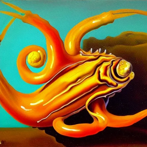 Image similar to oil painting of caramel cornstar fish by salvador dali, highly detailed, painted by someone who paints with their toes