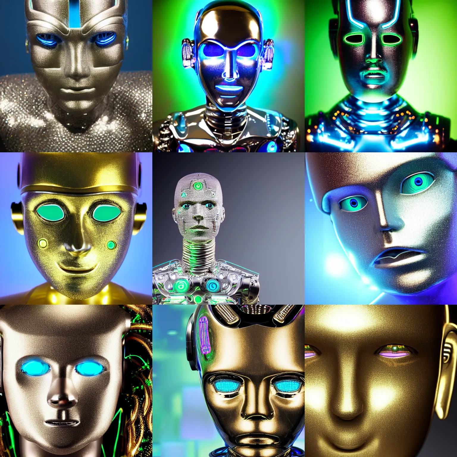 Prompt: front shot, head of a silver metallic shiny male humanoid robot, face has a tattoo of green glowing digital circuits , wearing a huge glowing blue and golden metallic maya sparkling diadem with blue cables and shiny metallic gears , white background