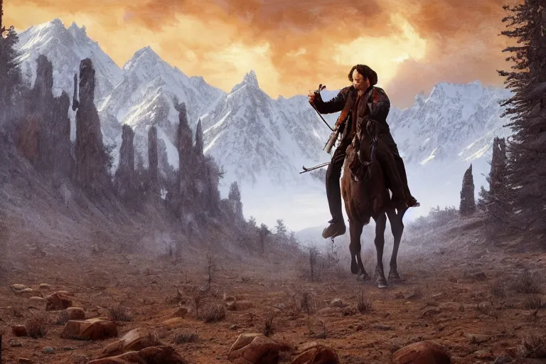 Image similar to an ultradetailed image of sam winchester as an old west gunfighter shooting at a charging wendigo, ultrawide lens, aerial photography, desert landscape with snowy mountains in the far background, masterpiece, 8 k, art by greg rutkowski and albert bierstadt